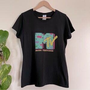 MTV Vintage Style Graphic T-Shirt Black with Colorful Logo Size M